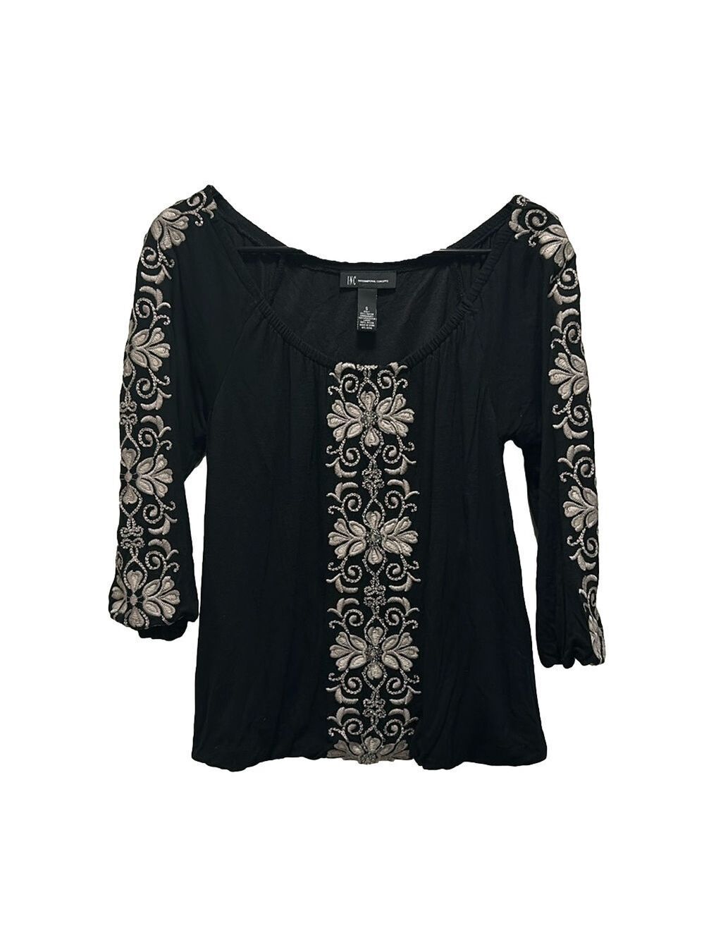 INC Black Elastic Scoop Neck 3/4 Sleeve Off the Shoulder Embroidered Top - Small